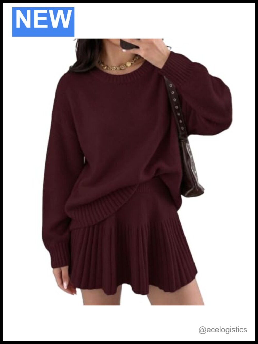 Women's 2 Piece Sweater Skirt Outfit Oversized Pullover Pleated Mini Skirt W/